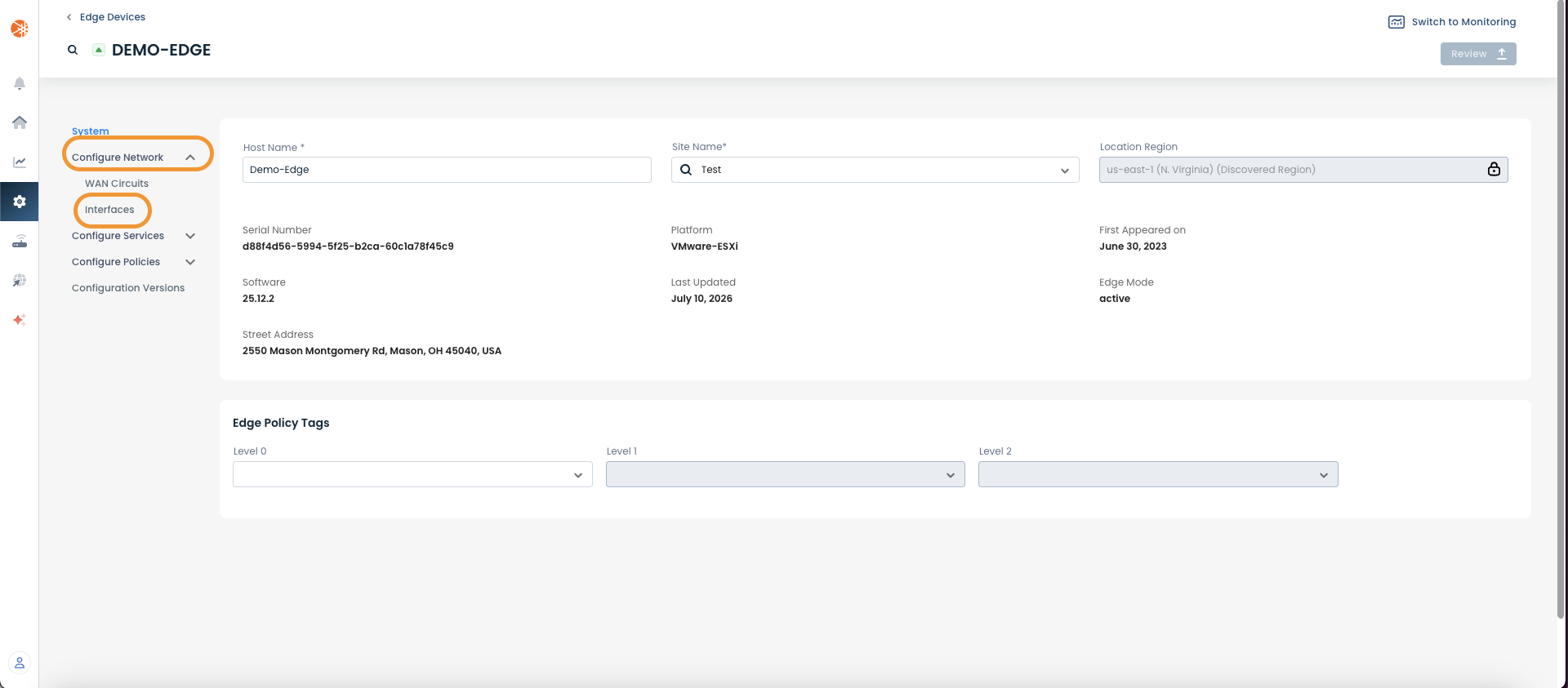 Configuration settings for the Demo-Edge device, including network and policy details.